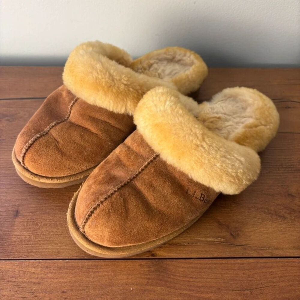 LL Bean Shearling Wicked Good Slippers Womens 9 M Brown Suede Scuff Mule 293107
